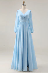 Sky Blue Ruched A Line V Neck Long Sleeve Bridesmaid Dress with Slit