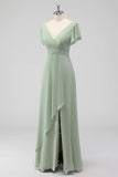 Sage Green A Line V Neck Chiffon Long Bridesmaid Dress with Slit