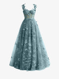 Dusty Blue A line Butterfly Lace Lilac Corset Prom Dress with Slit