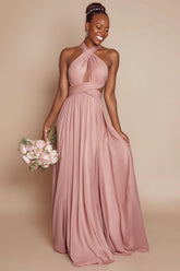 Dusty Rose Halter A Line Ruched Cut Out Long Bridesmaid Dress