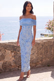 Off the Shoulder Applique Mermaid Blue Wedding Guest Dress