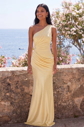 One Shoulder Ruched Mermaid Yellow Bridesmaid Dress