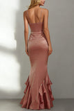 Dusty Rose Mermaid Lace Long Formal Dress with Ruffles