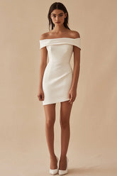 Simple White Sheath Off the Shoulder Satin Short Graduation Dress
