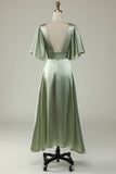 Dusty Sage A Line Deep V Neck Midi Dress with Half Sleeves