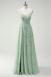 Dusty Sage A Line Spaghetti Straps Print Floral Long Bridesmaid Dress with Slit