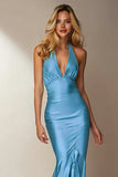 Sky Blue Halter Mermaid Ruffle Long Formal Dress