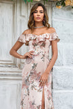 Blush Flower Mermaid Off The Shoulder Long Bridesmaid Dress with Slit