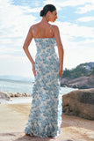 Green Large Sheath Spaghetti Straps Ruffle Floral Dress with Slit