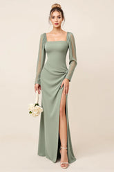 Eucalyptus Sheath Square Neck Long Sleeves Long Bridesmaid Dress