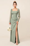 Eucalyptus Sheath Square Neck Long Sleeves Long Bridesmaid Dress
