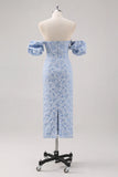 Simple Blue Floral Sheath Tea Length Brocade Formal Dress with Puff Sleeves