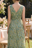 Ruffled Dusty Green Floral V Neck Asymmetrical Wedding Guest Dress