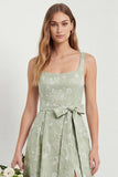 Sage A Line Square Neck Floral Jacquard Bridesmaid Dress with Slit