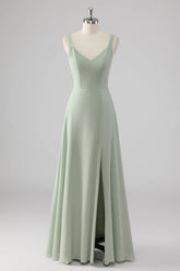 Sage Green Chiffon V Neck A Line Long Bridesmaid Dress with Slit