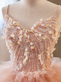 Unique Orange V Neck Tulle Sequin Orange Pink Long Quinceanera Dress