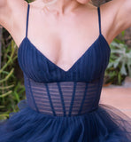 Yasmin Gown Navy Tulle A line Dress With Pleated Bodice