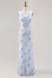 Blue Flower Sheath Printed Long Wedding Party Dress