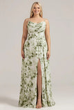 Green Printed A Line Cowl Neck Long Plus Size Bridesmaid Dress With Slit