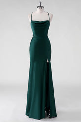 Pine Sheath Spaghetti Straps Satin Floor Length Bridesmaid Dress with Lace Up Back