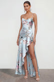 Floral Blue A Line Satin Ruffled Wedding Guest Dress