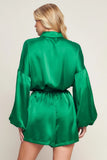 CELEBRATION TIME GREEN SATIN ROMPER WITH LONG SLEEVES FINAL SALE