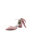Pointed Toe Satin Pearl Ankle Strap Block Heels With Ribbon Tie