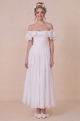 Off the Shoulder Corset White Ruffled Engagement Dress