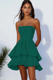 Black Strapless A Line Pleated Homecoming Dress with Ruffles