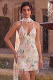 White Pink Flower Bodycon Fringed Sequin Homecoming Dress with Scarf