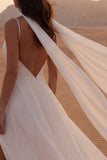 Simple A Line Ivory Backless Long Wedding Dress with Slit