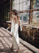 Simple Sheath Off The Shoulder Ankle Length Satin Wedding Dresses