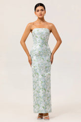 Blue Sheath Strapless White Floral Back Slit Satin Maxi Dress with Pockets
