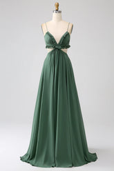 Eucalyptus A Line Spaghetti Straps Backless Chiffon Long Bridesmaid Dress