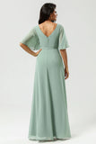 A Line V Neck Long Chiffon Matcha Bridesmaid Dress with Slit