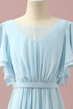 Sky Blue A Line Batwing Sleeves Chiffon Junior Bridesmaid Dress
