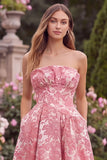 Strapless A Line Pink Floral Jacquard Wedding Guest Dress with Pockets
