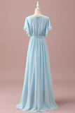 Sky Blue A Line Batwing Sleeves Chiffon Junior Bridesmaid Dress