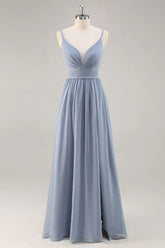 Dusty Blue A Line Spaghetti Straps Ruched Long Bridesmaid Dress with Slit