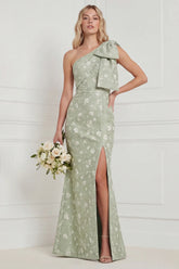 One Shoulder Sage Floral Jacquard Mermaid Bridesamid Dress with Slit