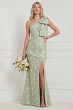 One Shoulder Sage Floral Jacquard Mermaid Bridesamid Dress with Slit