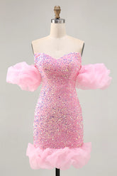 Pink Off The Shoulder Bodycon Sequins Short Homecoming Dress