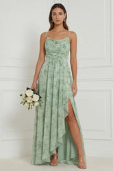Floral A Line Dusty Sage Bridesmaid Dress with Slit