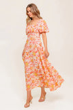 ISLAND FLOWERS PUFF SLEEVE MIDI DRESS CORAL FINAL SALE