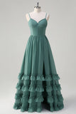 Eucalyptus A Line Spaghetti Straps Corset Ruffled Long Bridesmaid Dress with Slit