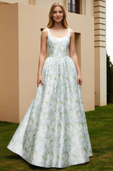 White Blue Flower A Line Printed Long Wedding Guest Dress