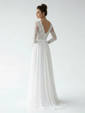 Romantic Modern A Line Floor length Chiffon Lace V neck Long Sleeve Wedding Dress