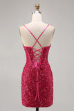 Fuchsia Spaghetti Straps Bodycon Corset Sequins Homecoming Dress