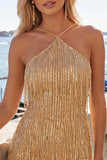 Gold Halter Bodyocn Sequin Short Homecoming Dress with Fringes