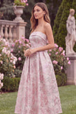 Strapless Pink Floral A Line Jacquard Midi Wedding Guest Dress